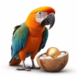 a parrot with orange head stands next to an egg shell