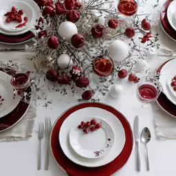 a white table with red china and plates
