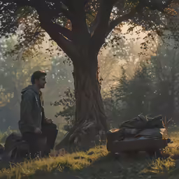 a man standing near a pile of luggage under a tree