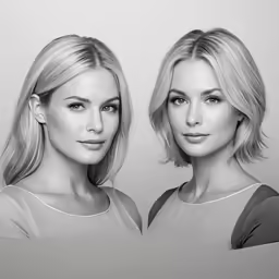 two women looking to the right and the left side