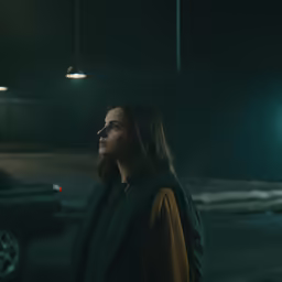 woman looking up at dark street light and cars
