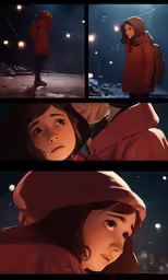 a girl in a red coat in a snowy city