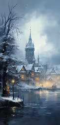 winter scene in the village with fog in the air,the winter scene depicts people skating on a frozen pond