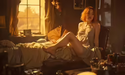 a woman sits in a chair in a room