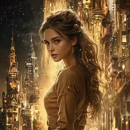 a woman standing in front of a city