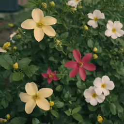 two rows of colorful flowers on green foliage