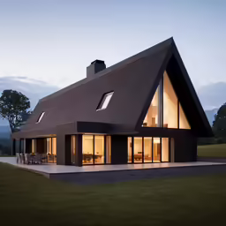 the exterior of a modern house at twilight