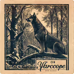 a wolf sitting in a tree in a wood