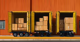 three packages sit in a storage compartment with dollys on them,boxes are stored in the back of cargo trucks
