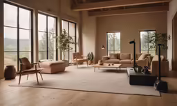 a den with two couches and chairs, a lamp, table, plant