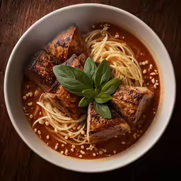 an overhead view of a bowl of meat soup