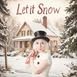 a woman in a hat and white dress is in the snow