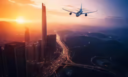 an air plane is flying low above the street