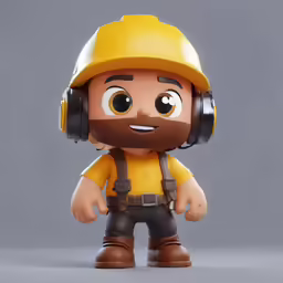 a character from disney pixas with headphones and a yellow safety cap