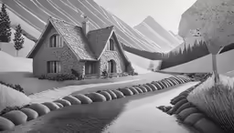 a drawing of a house on a snowy day