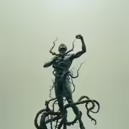a statue sitting on top of a metal pole with a tree in the foreground