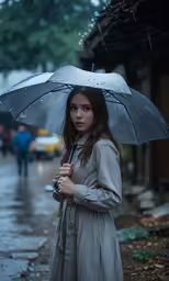 a girl wearing a trench coat stands holding an umbrella