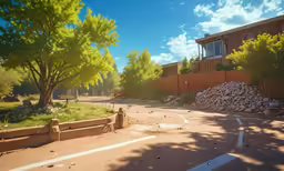 an animated view of an empty street outside of a building