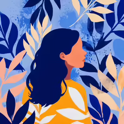 a painting of a woman with dark hair sitting and surrounded by plants