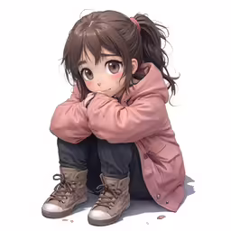 a little girl sitting on the floor with her hand on her knees