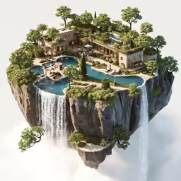 the waterfall cascades into the water into the house