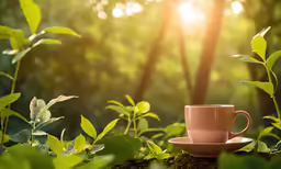 a cup with saucer on the wood in the green leaves