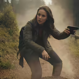 the young woman in a green jacket holding a gun