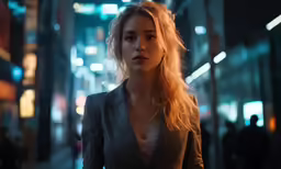 a woman in a suit and earrings standing on the sidewalk