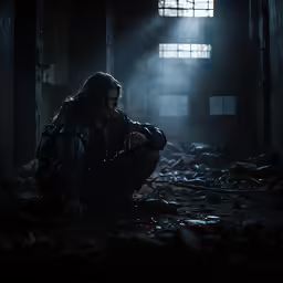 a man in dark room crouching in front of trash