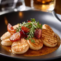 there is a plate with fruit and potato wedges on the side