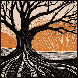 the tree with the roots on it is standing in front of an orange sky,a black and white painting of a tree with orange background