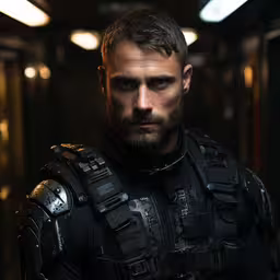 a man in costume standing in a hallway,a man in a futuristic suit stands in a dark room