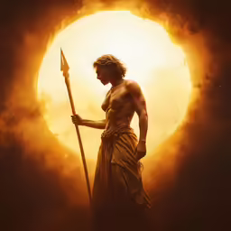 a man in white is holding a spear and standing in front of a large sun