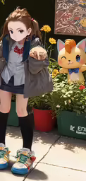 there is a small girl standing on the sidewalk in a school uniform