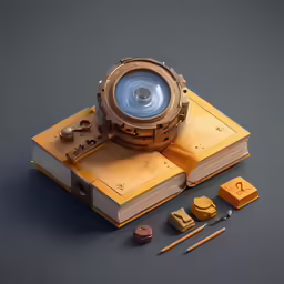 an old fashioned object is on top of an open book