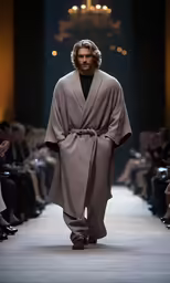 a man wearing a robe walks down the runway