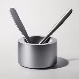 two spoons in a cup sitting on top of a table