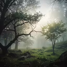 some trees and grass in the fog and sunlight