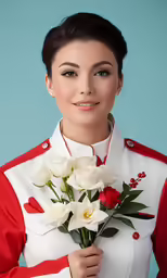 woman with bouquet of white roses wearing red uniform