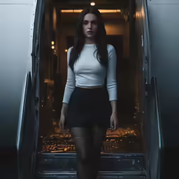 young woman in black skirt and white top walking up the flight