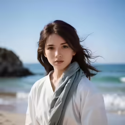 a beautiful young woman standing on top of a beach