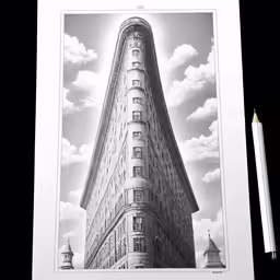 a drawing of a tall building with clouds in the background