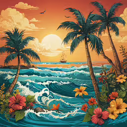 palm trees are in the foreground and the ocean in the background,there are some beautiful palm trees on the beach