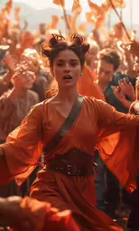 a woman wearing a costume with a crown is surrounded by other people