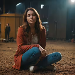 a woman is sitting on the ground in an empty room,a woman sitting on the ground in a barn