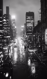 rainy night scene looking down a city street with traffic in rain