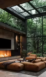 a couch, table, lamps and fireplace in a living room