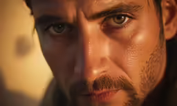 the man has a black beard and he is staring intently