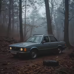 a grey car sits on the forest path in the fog
