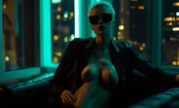 a woman in dark sunglasses is sitting on a leather couch